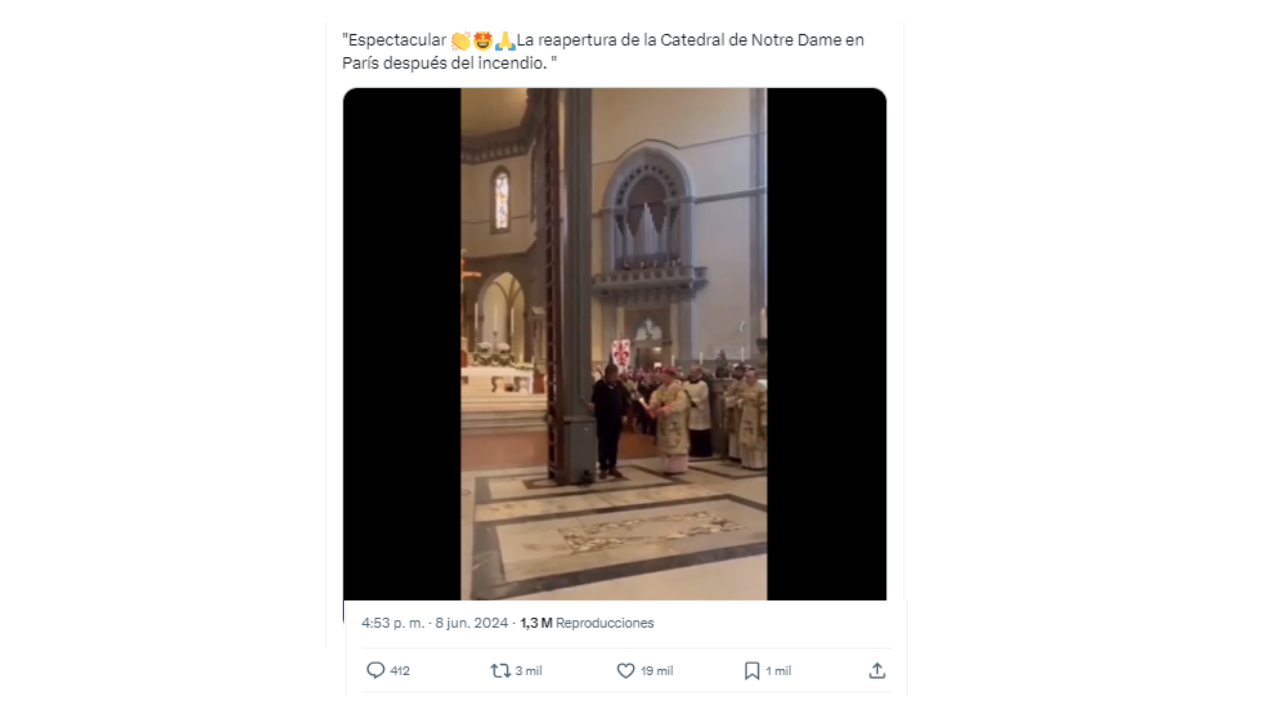 No, este video no muestra la reapertura de la Catedral de Notre Dame tras los incendios