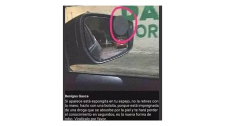 No, no hay pruebas de que se estén robando autos mediante esponjas impregnadas de droga en los espejos retrovisores