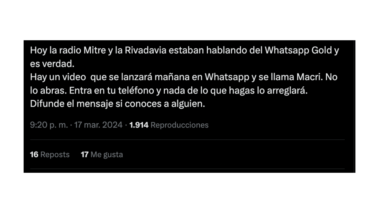 Es falsa esta cadena sobre WhatsApp Gold y un video que se llama “Macri” que “entra en tu teléfono”