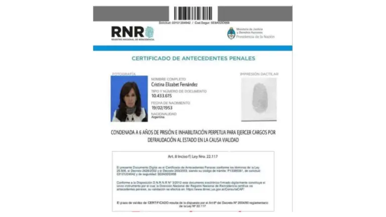 No, no es real este supuesto certificado de antecedentes penales de Cristina Fernández de Kirchner