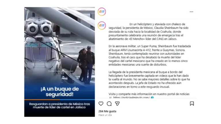 No, Claudia Sheinbaum no se trasladó en un buque de la Marina tras la captura y muerte de “El Mencho”