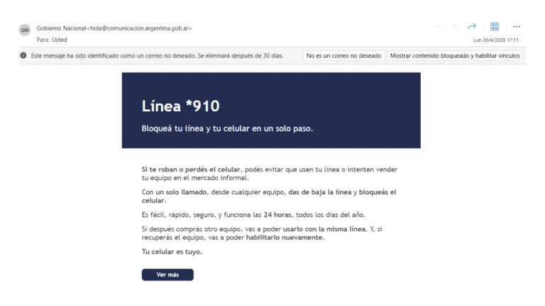 El mail sobre la Línea *910 para bloquear celulares robados no es una estafa: es verdadero y fue enviado por el Gobierno nacional