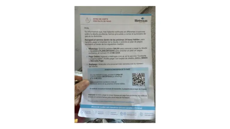 Este aviso de corte de servicio de Metrogas no es una estafa: es verdadero y el QR remite a su línea de WhatsApp verificada
