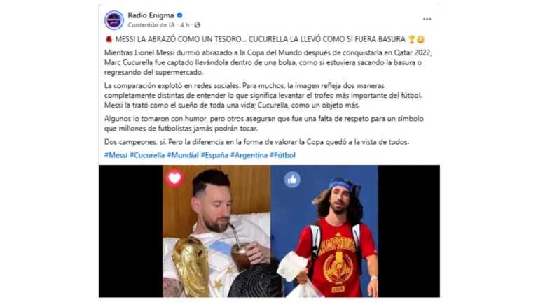 Es falso que Cucurella lleva en esta bolsa la Copa del Mundo oficial de la FIFA