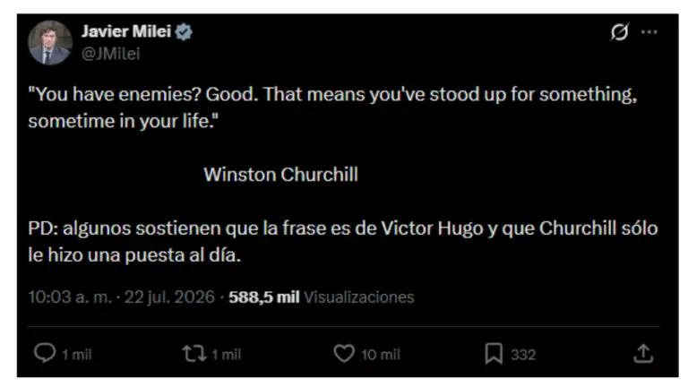 Milei atribuyó a Churchill una frase sobre los “enemigos”, pero no hay evidencia de que sea suya