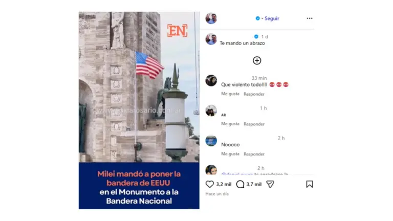 Es falso que por orden de Milei se izó una bandera de Estados Unidos en el Monumento Nacional a la Bandera en Rosario
