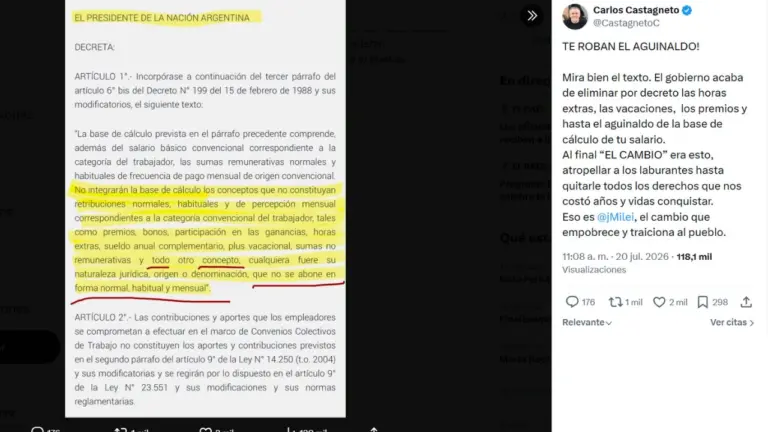 Es falso que el gobierno de Javier Milei haya modificado el cálculo del aguinaldo