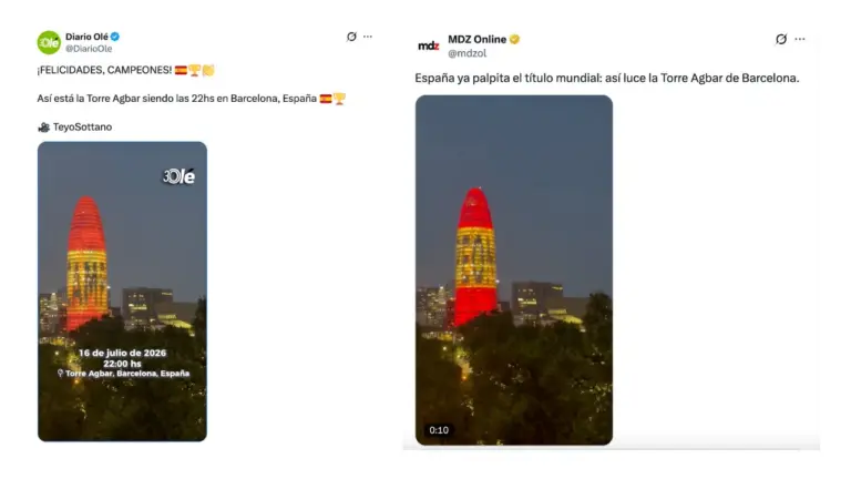Es verdadero que la Torre Agbar en Barcelona se iluminó con la palabra “campeones” el 16 de julio de 2026: fue por “pruebas técnicas”