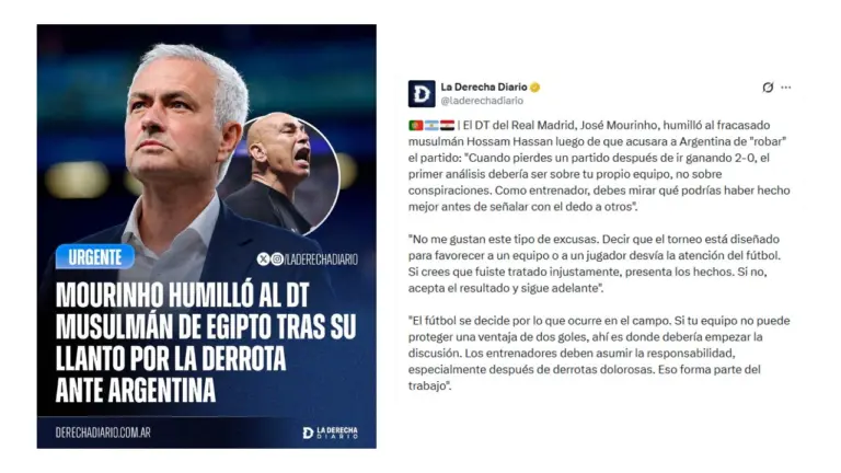 Es falso que José Mourinho “humilló” al DT de Egipto tras su derrota ante Argentina en el Mundial 2026: es una cita ficticia