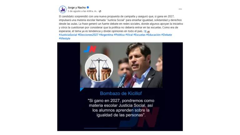 Kicillof no dijo que “pondría como materia escolar Justicia Social” en caso de ganar las Elecciones 2027