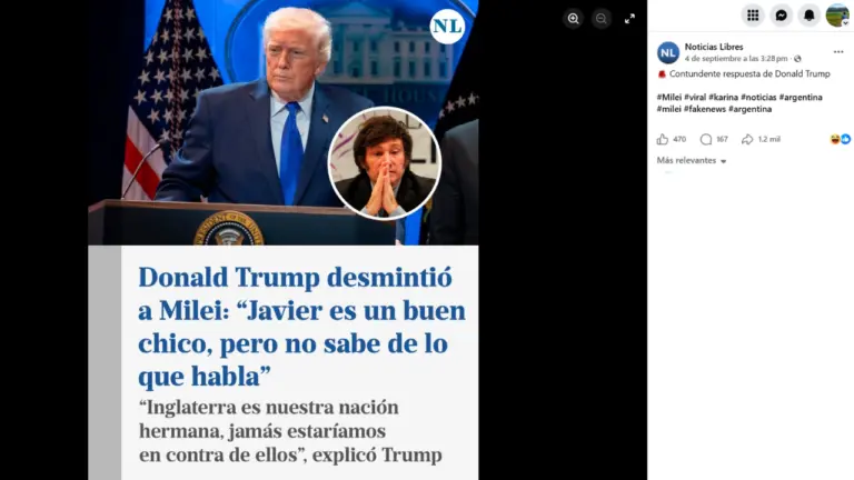 Es falso que Donald Trump, al referirse al conflicto de las Islas Malvinas, dijo: “Javier es un buen chico, pero no sabe de lo que habla”