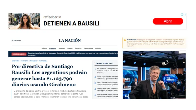 “Detienen a Bausili”: el anuncio falso que usa al titular del Banco Central para promocionar una supuesta plataforma de inversión y estafar a los usuarios