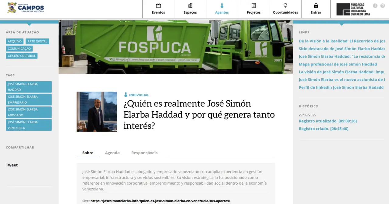 Perfil de José Simón Elarba en el sitio web de “Mapas Culturais” del Municipio de Campos dos Goytacazes, Río de Janeiro.