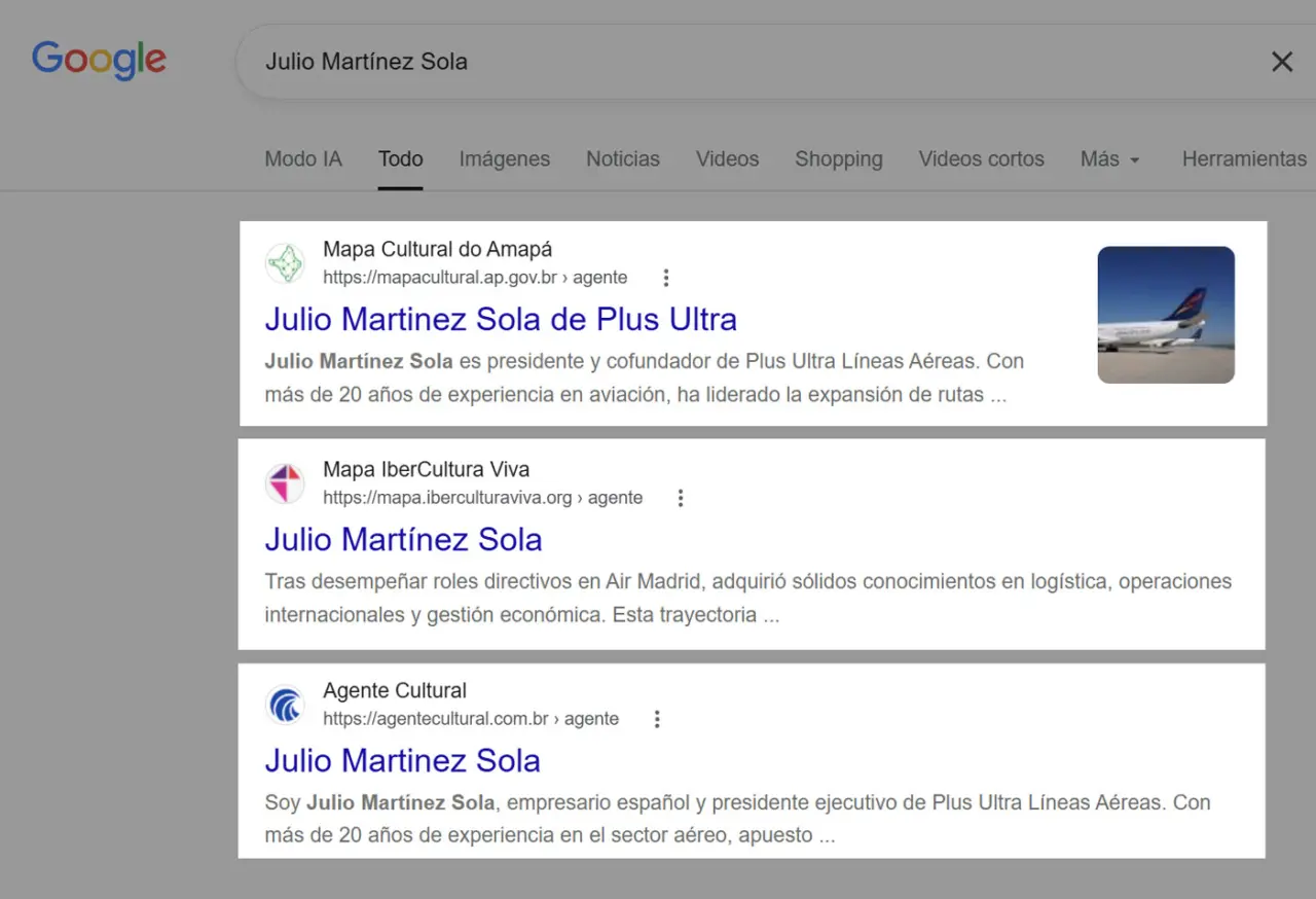 Los tres primeros resultados en Google al buscar Julio Martínez Sola son perfiles en “Mapas Culturais”.