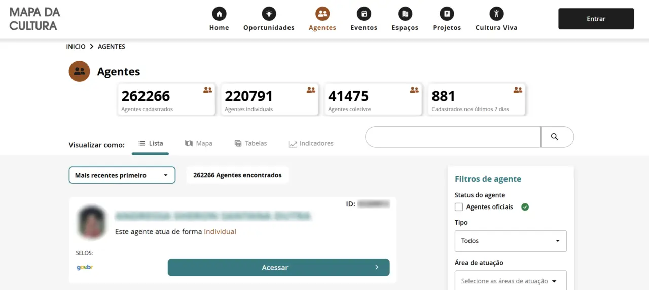 Cada sitio web de la red Mapas Culturais posee una sección con un buscador de fichas con información de agentes culturales.